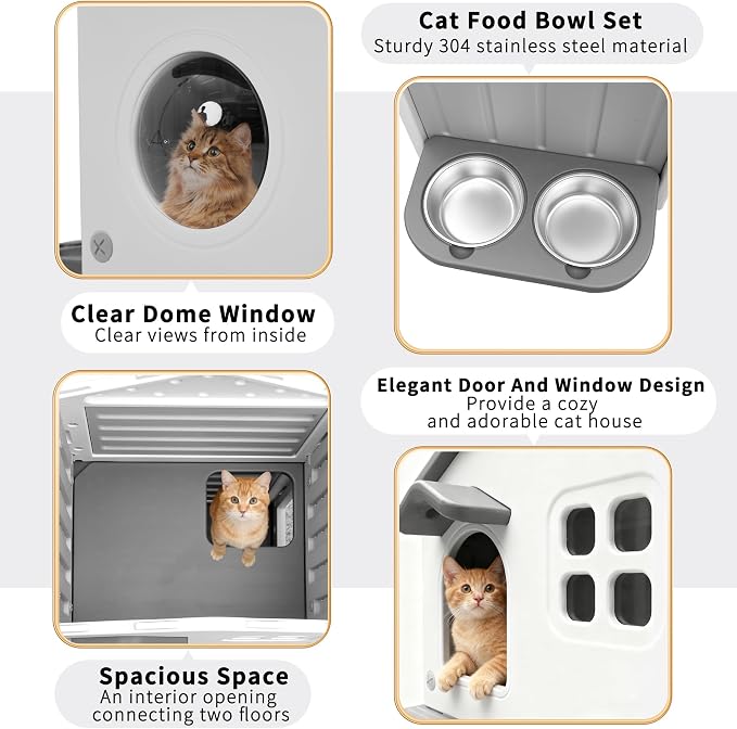 Outdoor Cat House with Liner, 100% Insulated Cat Houses for Winter Outside | 2 Story Waterproof Cat House for Outdoor Cats, Sturdy Cat Bowls & Scratch Pads, Clean Easily