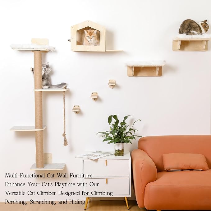 Cat Wall Shelves, Wood Wall Mounted Cat Furniture with 4 Tier Cat Tree,1 Cat Wall House,2 Cat Perches and 3 Wall Steps,Climbing Cat Shelves for Wall Large Cats Set