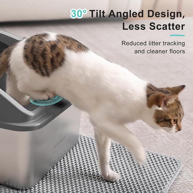 AIPERRO Stainless Steel Litter Box | XXL Deepened 8" Design Enclosed Box with Lid for Big Cats | High Sided, Anti-Urine Leakage | Non-Stick Bottom & Includes Litter Mat & Metal Scoop