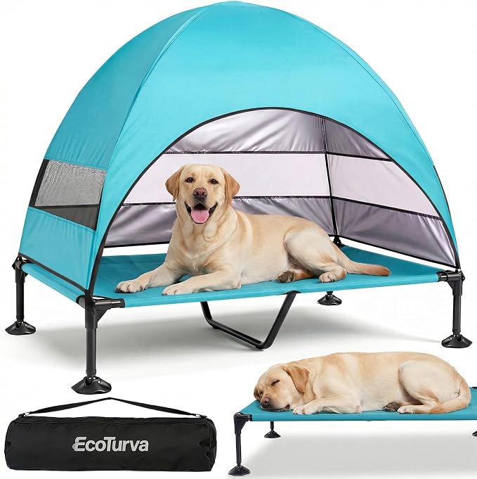 Elevated Dog Bed with Canopy - 3-Sided UV Protection Pet Tent with Wider Shade, Raised Cooling Outdoor Dog Cot with Breathable Mesh for Medium Large Dogs, Portable Bed for Camping, Patio (Aqua, XL)