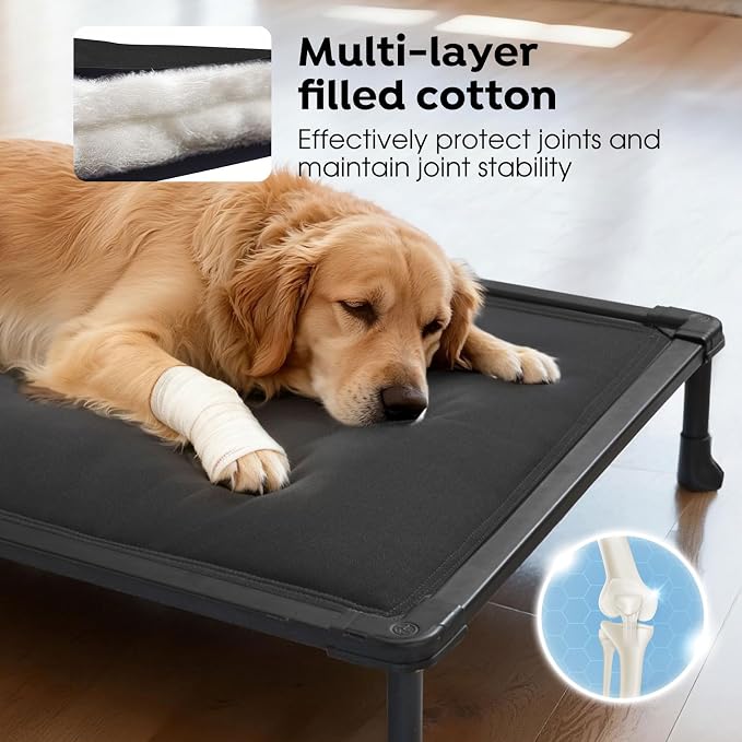 Veehoo Chew Proof Elevated Dog Bed, Padded Indestructible Raised Dog Cot | Orthopedic Dog Platform Bed with Soft Padded Mat, Durable Waterproof Pet Cot for Indoor, Outdoor or Crate, 49-Inch, Black