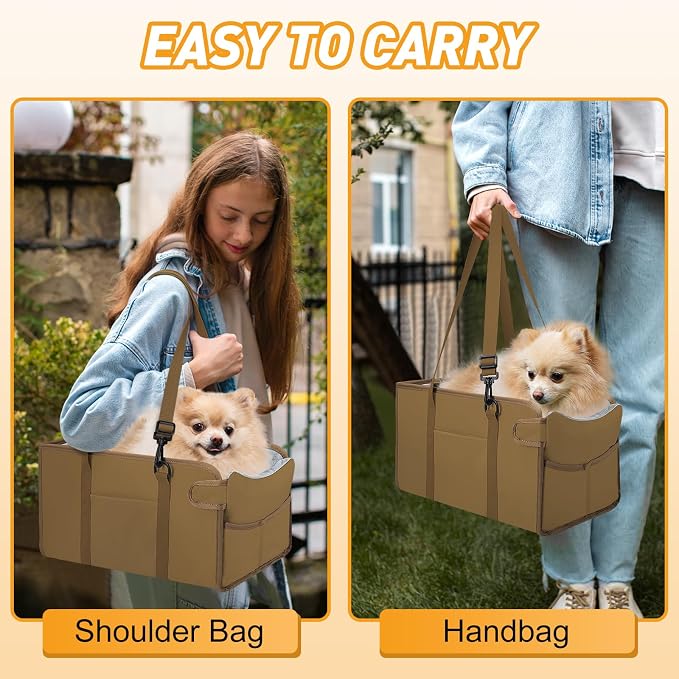 Portable Dog Car Seat for Small Dogs, Puppy Car Seat, Khaki | Booster Seat With Safety Leash & Adjustable Straps Keeps Small Dogs Secure. Removable Washable Cushion. Fits Most Cars.