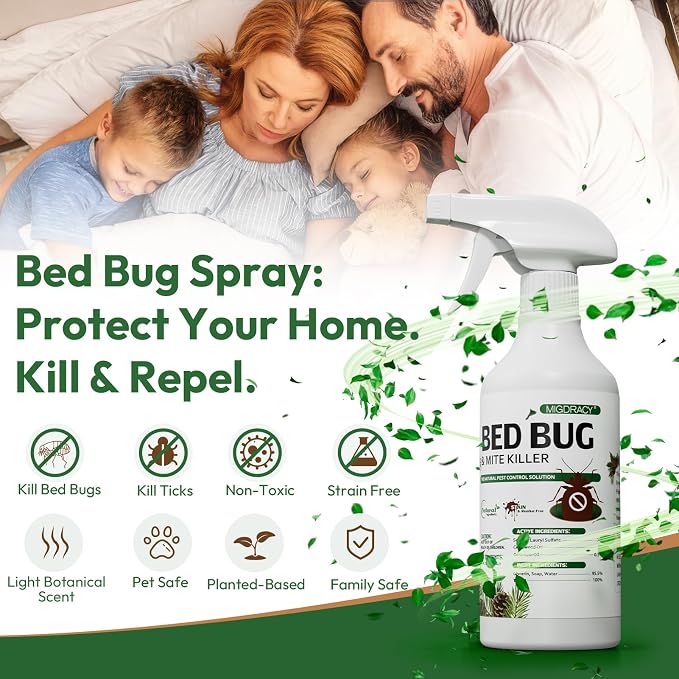 Natural Bed Bug Spray 16oz, Non-Toxic Sprayer, Plant-Based Bedbug & Dust Mite Repellent, Safe for Family & Pets, Fast-Acting Treatment for Bed Bugs, Mites