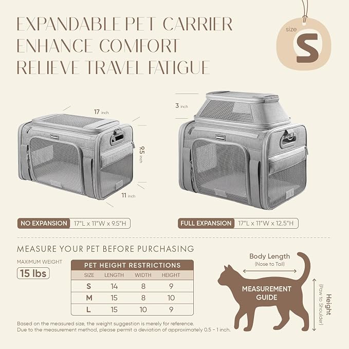 Top-Expandable Pet Carrier with Treat & Pet Window,17x11x9.5 Inch Alaska Hawaiian Airline Approved,Soft-Sided Dog Carrier for Small Dogs and Cats,Travel Cat Carrier with Locking Safety Zippers,Grey