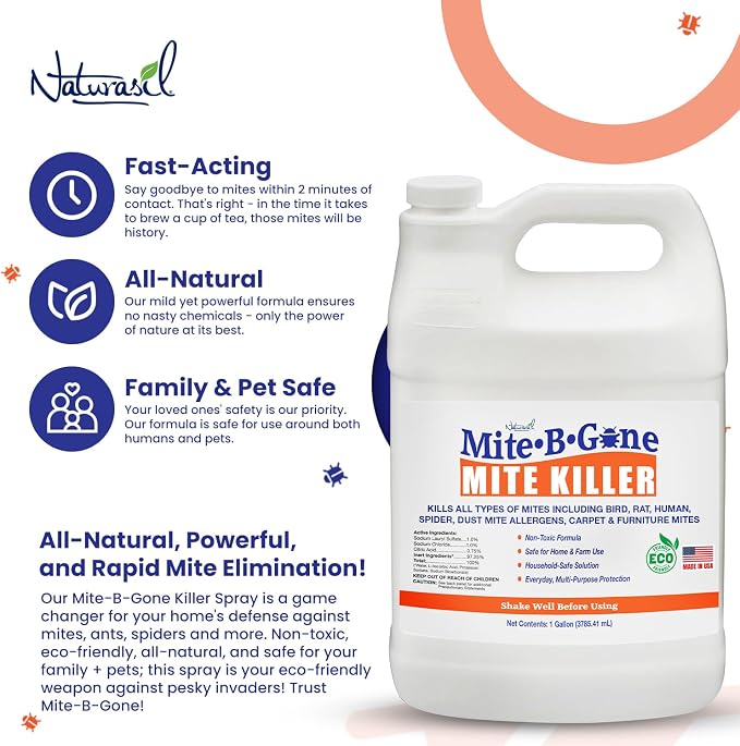 Mite Killer Spray - 1 Gal Natural Mite Treatment Kills Human, Dust, Chicken, Poultry, Bird, Carpet & Rat Mites in Homes and Farm | Family & Pet Safe by Mite-Be-Gone