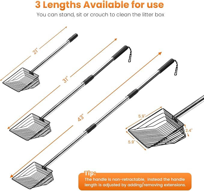 PETOCAT Cat Litter Scoop 43 inch Metal Litter Scooper with Stainless Steel Long Handle, Upgraded Large Kitty Box Scooper Heavy Duty Deep Shovel for Fast Sifting, Dog Waste Scooops for Outside Pet Poop