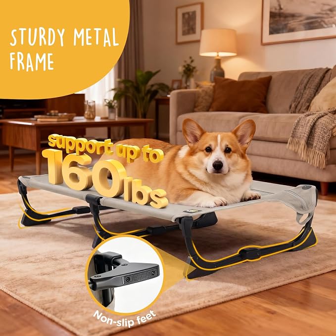 Upgraded Non-Slip Daisy Cot, Medium Foldable Elevated Dog Bed, Portable Raised Outdoor Folding Dog Cot for Camping/Home, Chew Proof Waterproof Heavy Duty Up to 160 Lbs, Brown, 32"x 23"