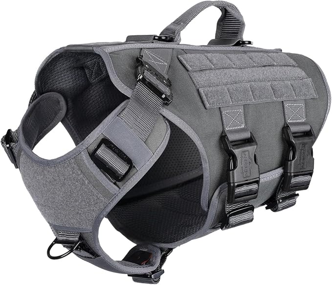 ICEFANG No Pull Tactical Dog Harness for X-Large Dogs,Adjustable Dog Vest | Control Handle,MOLLE Panel,Front Hook,3 Leash Clips,Soft Padded,for walking training,Grey,X-Large