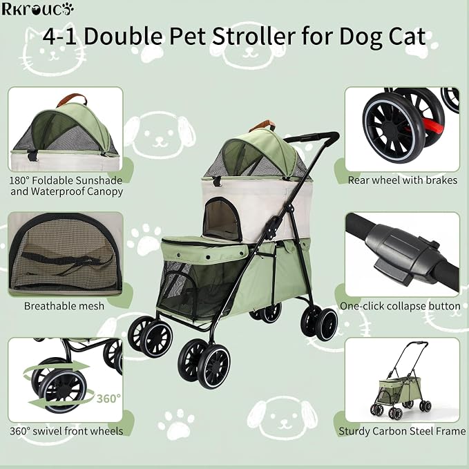 Foldable Double Pets Stroller for Dog Portable Cat Strollers for Small Medium Pet with One Detachable Carrier Flexible Lockable Wheels Lightweight Dogs Jogger (Green Beige)