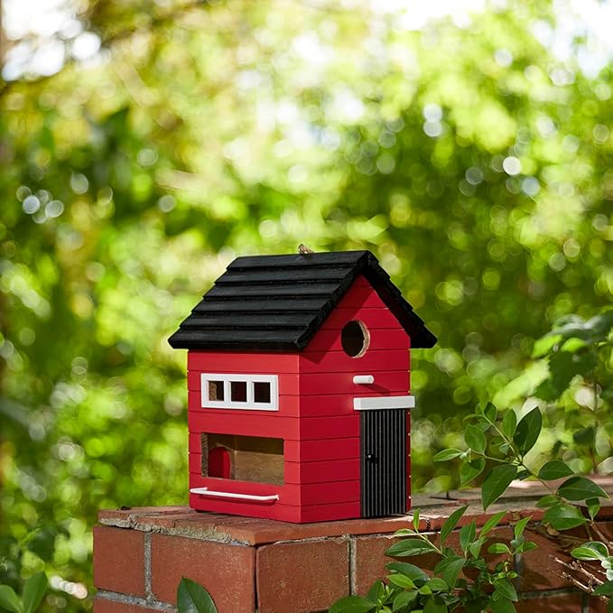 Glitzhome Hanging Bird House for Outside,10.25" H Modern Hand Painted Wooden Bird Houses for Outdoors, Functional and Decorative Bluebird Birdhouses Outdoor Garden Birdhouse, Red