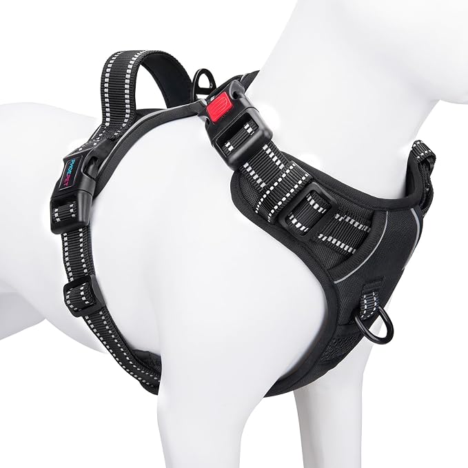 No Pull Dog Harness Medium Reflective Front Clip Vest with Handle | Adjustable 2 Metal Rings 3 Buckles ,[Easy to Put on & Take off](M, Black)