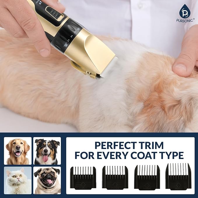 Pursonic Rechargeable Dog Clippers for Grooming – Professional Pet Clippers for Dogs & Cats, Quiet Pet Hair Trimmer with Adjustable Blades and Guide Combs