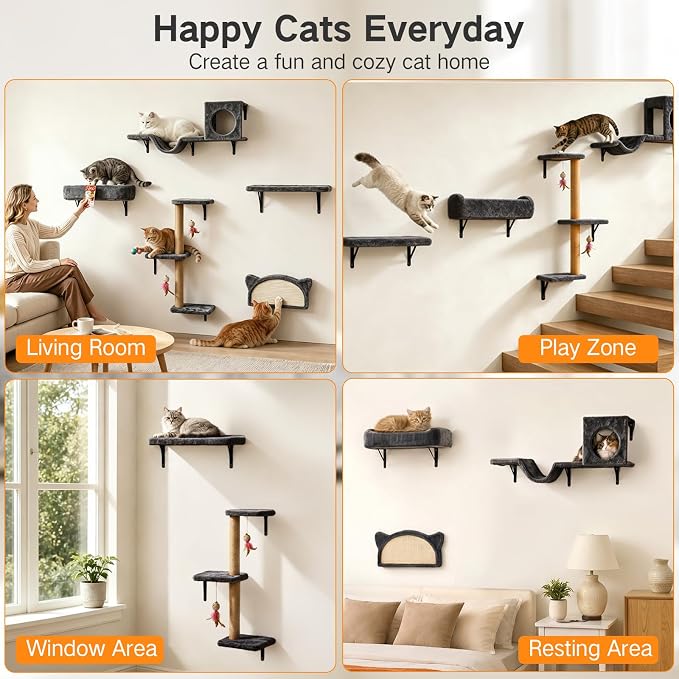 5-in-1 Cat Wall Shelves for Indoor Cats, Wall Mounted Cat Furniture Set with Bed, Perch, Hideaway Condo, Scratching Post & Scratcher, Cat Climbing Wall Playground, Space Saving Design, Black