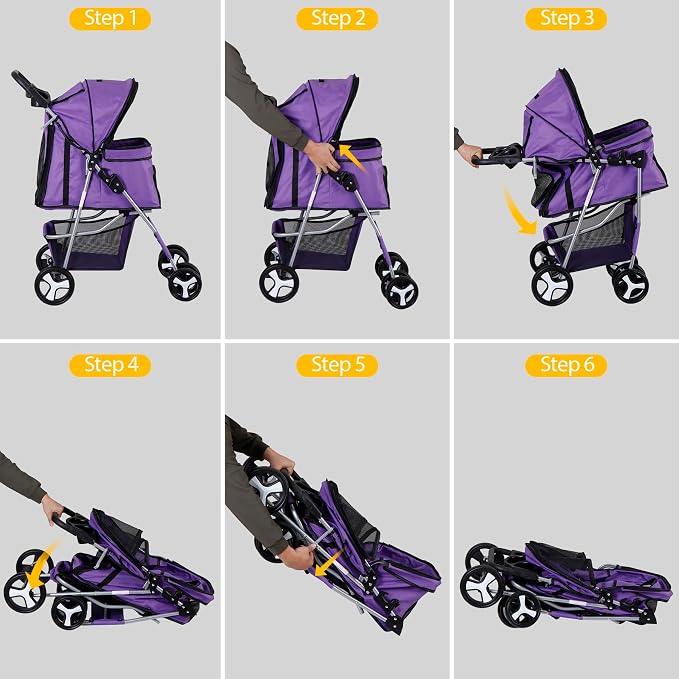 Pet Stroller for Medium Small Dogs - Easy to Walk Folding Travel Carrier Strolling Cart with Cup Holder, Weather Cover and Storage Basket (Purple)