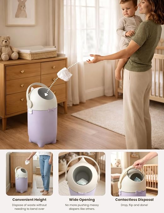 iTouchless 4 Gal Nursery Bin | Odor-Locking Diaper Pail | Lavender Orchid | Rotating Ball Seal Traps Smells | Vibrant Accent Color | Fits Any Standard Bag | Flip-Up Handle Opens With A Single Hand