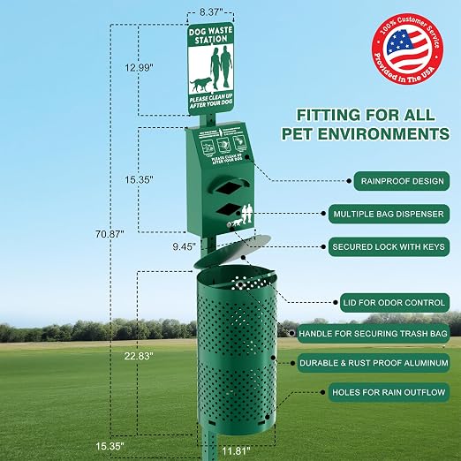 POCHAR Rust-Proof Aluminum Outdoor Dog Waste Disposal Station for Pet Parks | 10 Gallon Outdoor Pet Poop Station with Reflective Sign & Lid – Durable Trash Bin for Backyard Dog Waste