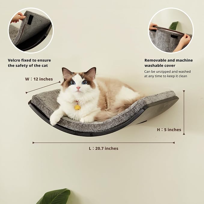 LIORCE Cat Shelf with Comfortable Cushion - Curved Modern Cat Bed (Large Size) - Lotus Leaf Design Cats Wall Perch - Wall Mounted Cats Furniture for Sleeping, Playing, Climbing, and Lounging, Walnut