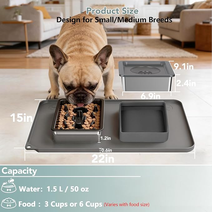 Dog Bowl Set, No Spill Dog Water and Food Bowl with Slow Feeder | Large Capacity 304 Stainless Steel Bowls, 3-In-1 Set, Slow Drinking, Anti-Slip Mat, Easy to Clean, Home/Travel, 6-7 Cups