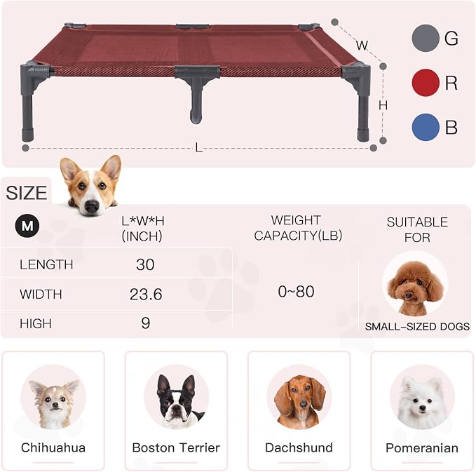 Elevated Dog Bed Waterproof Outdoor, Portable Raised Dog Beds, Dog cots Off the Floor, Dog Beds Easy Clean Indoor or Outdoor Use, Medium, Red