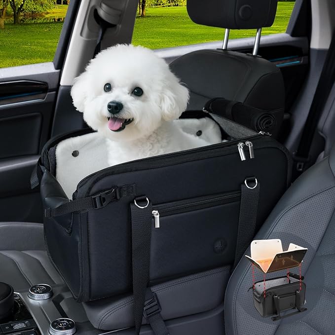 YUDODO 10-18lbs Large Console Dog Car Seat with Removable Velvet Cushion | Portable Puppy Cat Seat, PU Leather, Waterproof, Wipe Clean, Safe & Durable, Side Pockets, for Truck & SUV-Width>9.5in, Black