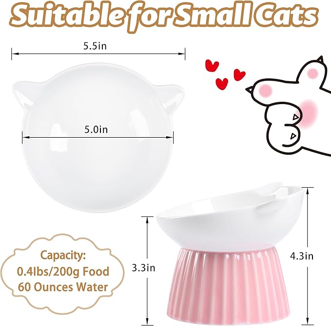 Ceramic Raised Cat Bowl，Tilted Raised Bowl Anti Vomit Bowls for Indoor Cats Whisker Friendly Pet Feeder for Cats Puppies, Microwave and Dishwasher Safe