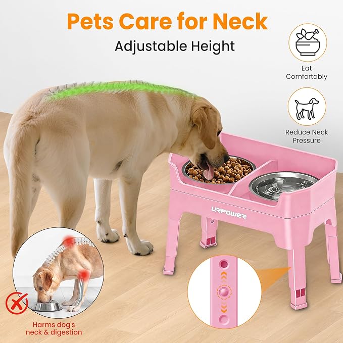 URPOWER Elevated Dog Bowls, 3-in-1 Double Deck Raised Dog Bowl Stand | 4 Height Adjustable Raised Stand with 2 Stainless Steel Food Bowls & Licking Plate for Small, Medium & Large Dogs