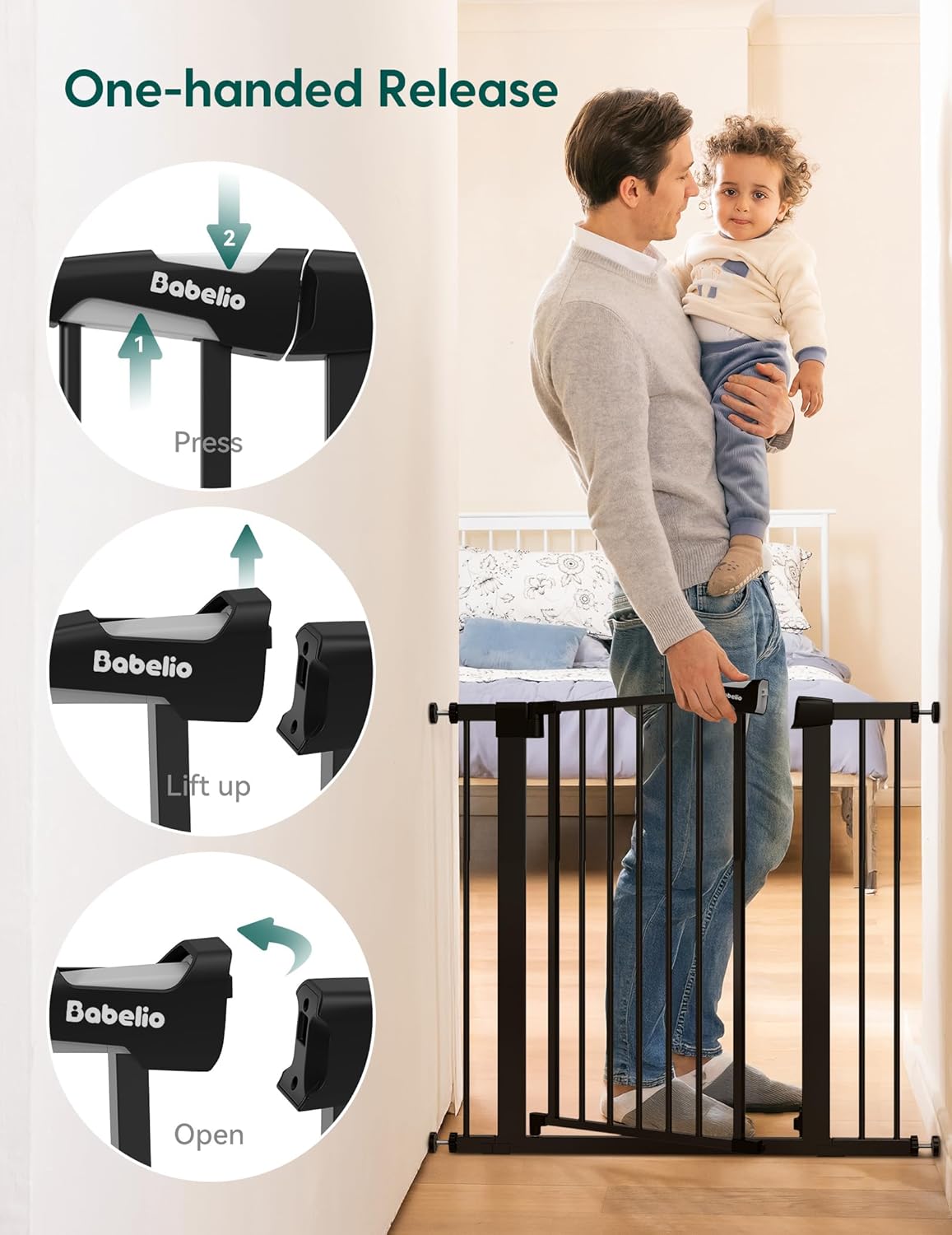 BABELIO 36" Tall Baby Gate, 26-40" Wide Auto Close Pet Gate, Pressure Mounted Metal Dog Gate, Easy-Install No Drilling, No Tools Required, with Wall Protectors and Extension Kits, Black