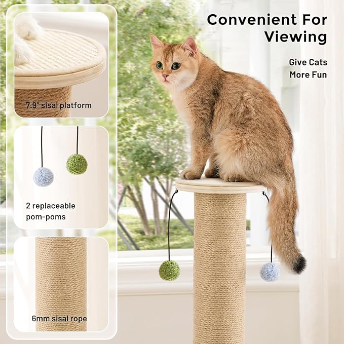 ZOMISIA 35'' Tall Cat Scratching Post, 4.7'' Large Scratch Post with Thicken Wooden Base for Indoor Cats Adults, Sisal Scratcher Top & Dangling Balls, Super Sturdy