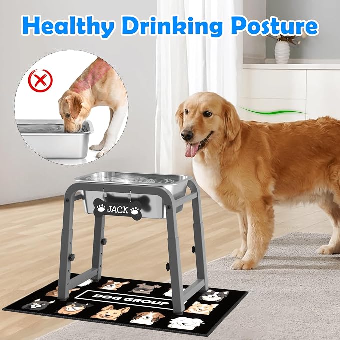 1.2 Gallon Elevated Dog Water Bowl, Height Adjustable (10.4–15.2'') Raised Stainless Steel Bowl with Spill-Proof Mat & Sturdy Metal Stand, Tip-Proof, Easy to Clean, Indoor & Outdoor Use