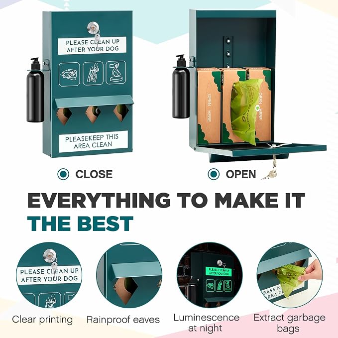 Abbylike 2 Set Outdoor Dog Bag Storage Dispenser with Bags and Hand Sanitizer Bottle Green Poop Station Wall Mounted Dog Waste Container for Pet Waste Wall Home Porch Lawn Yard Fence