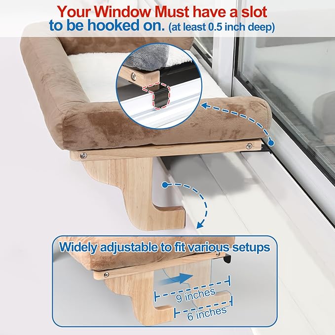 Zakkart Cat Perch for Window Sill with Bolster - Orthopedic Hammock Design with Premium Hardwood & Robust Metal Frame - Cat Window Seat for Large Cats - Natural Color Wood Gray Bed, 26.4''W