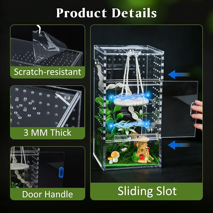 Jumping Spider Enclosure Kit, Small Acrylic Reptile Terrarium with Magnetic Door, Bug Habitat with 30 Pcs Jumping Spider Accessories for Tarantula, Mantis, Small Reptiles, 4" x 4" x 8"