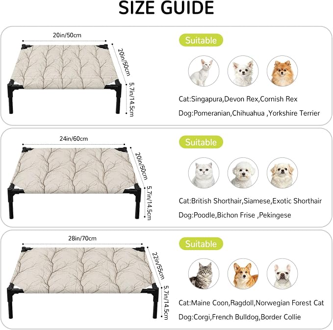 Outdoor Elevated Dog Bed for Medium Dogs, Brown Branch Breathable Cooling Raised Dog Cot for Indoor/Outdoor, Autumn Leaf Country Tree Pastoral Botanical Waterproof Elevated Pet Beds, M 24 x 20 in