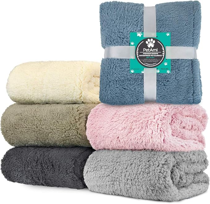 PetAmi Fluffy Waterproof Dog Blanket for Bed Large Dogs, Soft Warm Pet Sherpa Throw Pee Proof Couch Cover, Reversible Cat Blanket Sofa Crate Kennel Protector, Washable Mat (Grey, 60x80)