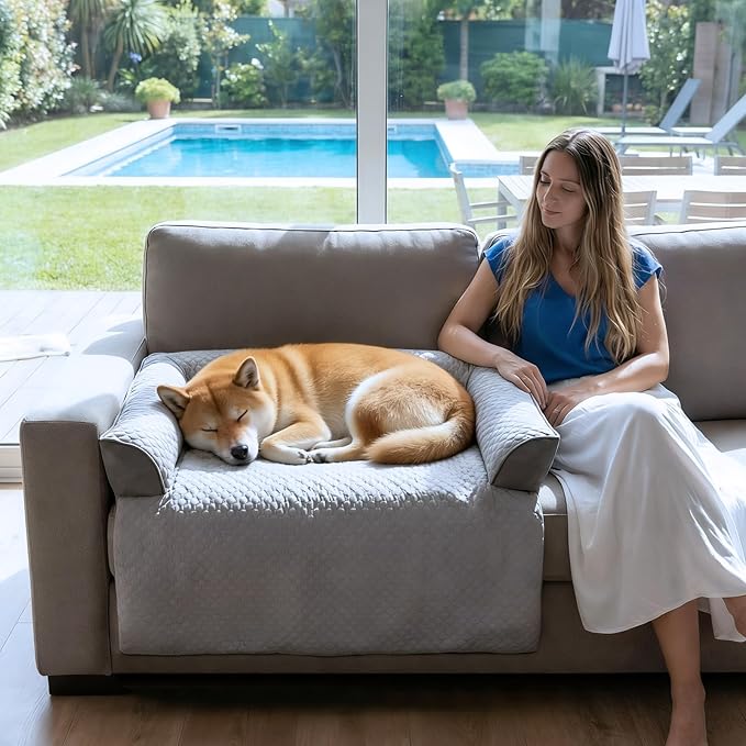 GGIB Cooling Dog Bed Mat with Bolster Pillow Washable Dog Couch Cover Breathable Summer Pet Couch Bed Protector Indoor(Medium, Cooling Grey)