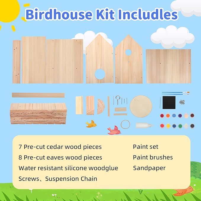 DIY Bird House Kit – Build Your Own Bird House, Natural Cedar Wood Craft Kit for Adults & Kids Ages 8-12, Pre-Drilled Easy Assembly, Eco-Friendly Birdhouse Kit (11.6x6.5x5.5in)