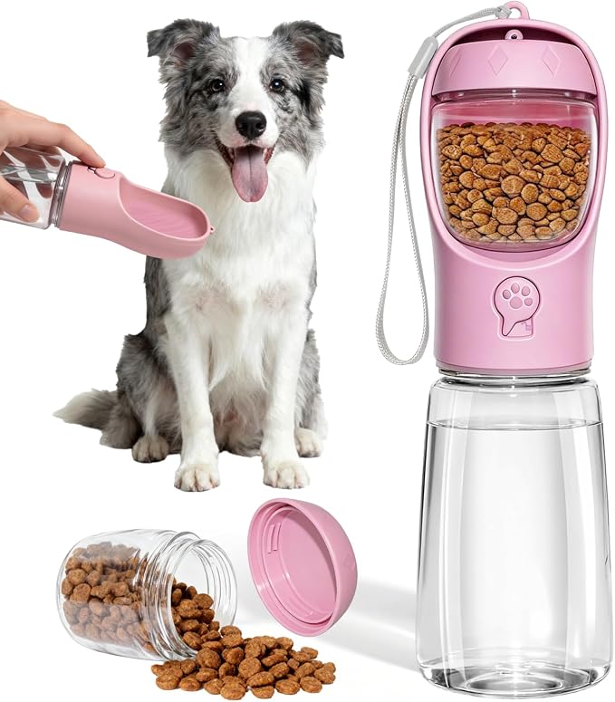 Dog Water Bottle, Portable Water Bottle with Food Container for Dogs Cat Pet Hiking Walking Travel Camping, Leak-Proof Dog Water Bowl Dispenser with Feeder Function Puppy Essentials