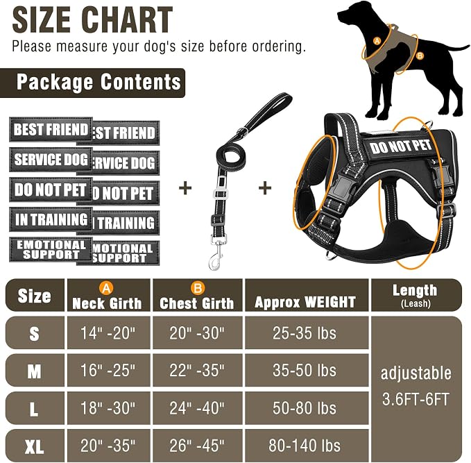 Tactical Dog Harness and Leash Set Medium Sized Dog+10 Dog Patches | Adjustable No Pull Service Animal Dog Vest with Dog Seat Belt,Padded Handles,Reflective Easy Walk for Training Hiking Black M