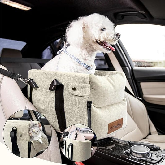 Center Console Dog Car Seat for Small Dogs and Puppies 5-13Lbs, Ideal Armrest Booster Car Travel Seat with Safety Protection Seat Belts, Storage Pockets - Reduces Anxiety (Woven - Beige)