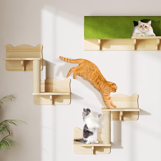 7-in-1 Cat Shelves for Wall, Cat Wall Furniture Set with Tunnel | Multi-Level Floating Cat Shelves for Space Saving, Solid Wood Cat Climbing System with Scratching Posts, Burlywood