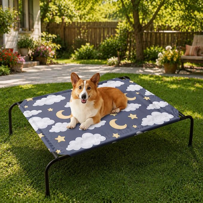 Black Night Cloud Moon Pattern Orthopedic Elevated Dog Pet Bed(35"X25"X8"),with Metal Frame,Breathable Waterproof Dog Kennel,Sleeping Bed for Small Medium Large Dogs Cats,for Home,Outdoor Use