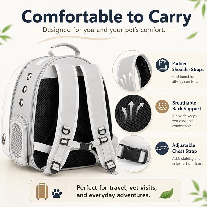 Expandable Cat Carrier Backpack for Cats & Dogs, Bubble Window Pet Travel Backpack with Breathable Mesh, Anti-Collapse Structure, Side Door, Safety Leash, for Vet Visits, Hiking, Outdoor, Grey