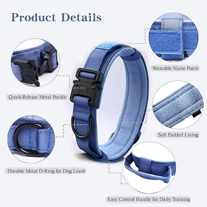 Tactical Dog Collar for Large Dogs with Control Handle,Dark Blue,M | 1000D Heavy-Duty Nylon Fabric,Quick-Release Metal Buckle,Adjustable Fit,Soft-Padded Webbing,D-Ring,for Training & Hiking