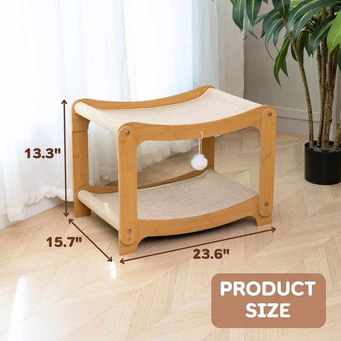 AIXINPET Two-Level Sisal Cat Scratcher Bed - Sturdy Cat Scratching Post with Scratch Pad&Hammock Bed, Comfortable Cats Bed for Indoor Kittens&Adult Cats -Sturdy Wooden Frame,Protect Furniture