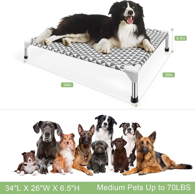 Kuntrust Elevated Outdoor Dog Bed, Medium Size, Cotton Material, Non-Slip Feet, Fits up to 70lbs | Breathable Fabric, Dual-Layer Cotton, Stainless Steel Frame, Anti-Slip Feet
