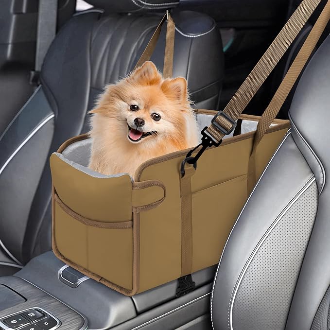 Portable Dog Car Seat for Small Dogs, Puppy Car Seat, Khaki | Booster Seat With Safety Leash & Adjustable Straps Keeps Small Dogs Secure. Removable Washable Cushion. Fits Most Cars.