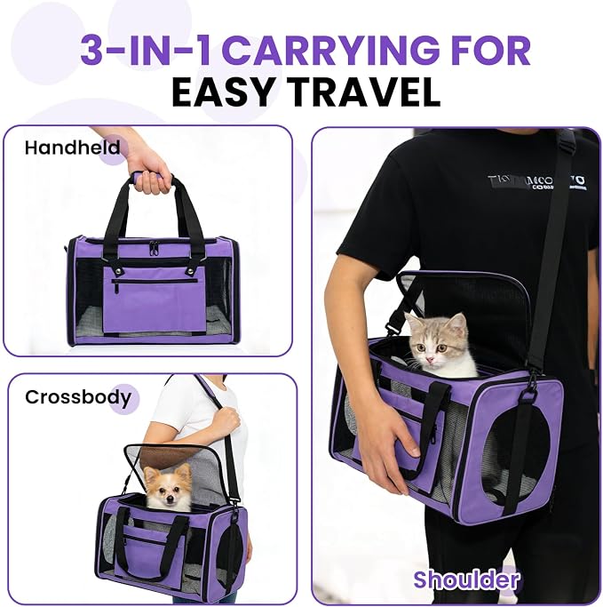 Soft-Sided Cat Carrier Expandable Pet Carrier Airline Approved Mesh Zipper with Lock Travel Carrier Up to 15lbs for Cats Dogs Collapsible Escape-Proof with Strap (18x11x11 Purple-L)