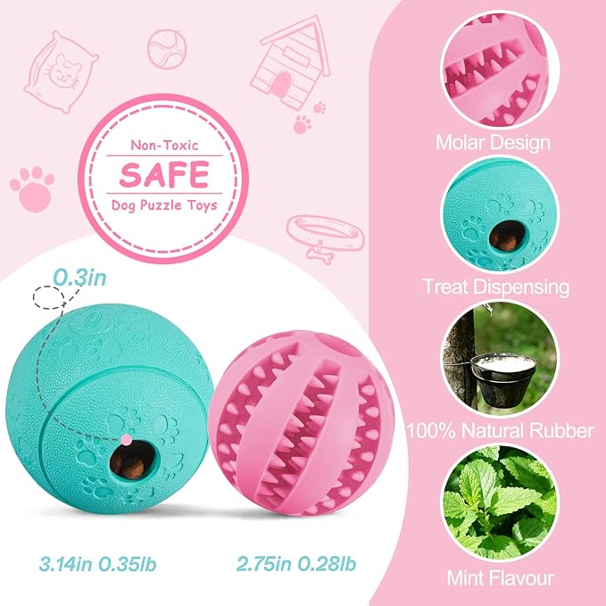 HIPPIH Dog Puzzle Toy 2 Pack, Interactive Dog Toys for Treat Dispensing, Durable Puppy Toys for Teething, Dog Treat Ball for Teeth/Slow Feeder/IQ Training/Playing, Pink-2.75‘’, Green-3.14‘’