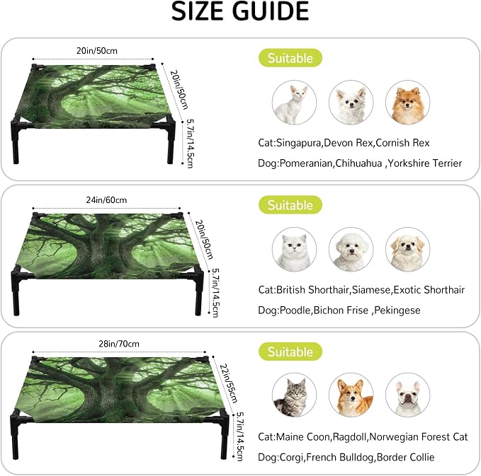 Outdoor Elevated Dog Bed for Medium Dogs, Green Trees Breathable Cooling Raised Dog Cot for Indoor/Outdoor, Sunlight Forest Branches Nature Scenery Waterproof Elevated Pet Beds, M 24 x 20 in