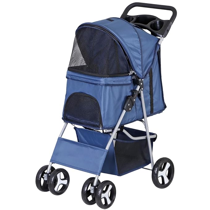 LEMY Pet Stroller,4 Wheels Dog Cat Stroller with Storage Basket&Cup Holder,Folding Dog Cat Cage Jogger Strollers for Small Medium Dogs Cats Travel,Navy Blue